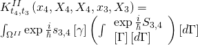 \[\begin{array}{l}K_{{t_4},{t_3}}^{II}\left( {{x_4},{X_4},{X_4},{x_3},{X_3}} \right) = \\\int_{{\Omega ^{II}}} {\exp \frac{i}{\hbar }} {s_{3,4}}\left[ \gamma \right]\left( {\int \begin{array}{l}\exp \frac{i}{\hbar }{S_{3,4}}\\\left[ \Gamma \right]\left[ {d\Gamma } \right]\end{array} } \right)\left[ {d\Gamma } \right]\end{array}\]