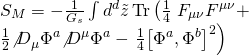 \[\begin{array}{l}{S_M} = - \frac{1}{{{G_s}}}\int {{d^d}} \tilde z\,{\rm{Tr}}\left( {\frac{1}{4}} \right.{F_{\mu \nu }}{F^{\mu \nu }} + \\\frac{1}{2}{{\not D}_\mu }{\Phi ^a}{{\not D}^\mu }{\Phi ^a} - \left. {\frac{1}{4}{{\left[ {{\Phi ^a},{\Phi ^b}} \right]}^2}} \right)\end{array}\]