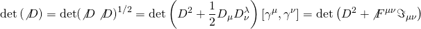 \[{\rm{det}}\left( {\not D} \right) = {\rm{det}}{\left( {\not D\not D} \right)^{1/2}} = {\rm{det}}\left( {{D^2} + \frac{1}{2}{D_\mu }D_\nu ^\lambda } \right)\left[ {{\gamma ^\mu },{\gamma ^\nu }} \right] = {\rm{det}}\left( {{D^2} + {{\not F}^{\mu \nu }}{\Im _{\mu \nu }}} \right)\]