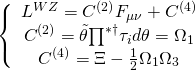 \displaystyle \left\{ {\begin{array}{*{20}{c}} {{{L}^{{WZ}}}={{C}^{{(2)}}}{{F}_{{\mu \nu }}}+{{C}^{{(4)}}}} \\ {{{C}^{{(2)}}}=\tilde{\theta }{{\prod }^{{*\dagger }}}{{\tau }_{i}}d\theta ={{\Omega }_{1}}} \\ {{{C}^{{(4)}}}=\Xi -\frac{1}{2}{{\Omega }_{1}}{{\Omega }_{3}}} \end{array}} \right.