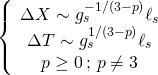 \[\left\{ {\begin{array}{*{20}{c}}{\Delta X \sim g_s^{ - 1/\left( {3 - p} \right)}{\ell _s}}\\{\Delta T \sim g_s^{1/\left( {3 - p} \right)}{\ell _s}}\\{p \ge 0\,;\,p \ne 3}\end{array}} \right.\]