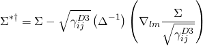 \[{\Sigma ^{ * \dagger }} = \Sigma - \sqrt {\gamma _{ij}^{D3}} \left( {{\Delta ^{ - 1}}} \right)\left( {{\nabla _{lm}}\frac{{\Sigma }}{{\sqrt {\gamma _{ij}^{D3}} }}} \right)\]