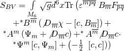 \[\begin{array}{c}{S_{BV}} = \int\limits_{{M_6}} {\sqrt g } {d^6}x{\rm{Tr}}\left( {{\varepsilon ^{\overline m \overline p \overline q }}} \right.{B_{\overline m }}{F_{\overline p \overline q }}\\{ + ^ * }{B^{\overline m }}\left( {{{\not D}_{\overline m }}\chi - \left[ {c,{B_{\overline m }}} \right]} \right) + \\^ * {A^m}\left( {{\Psi _m} + {{\not D}_{\overline m }}c} \right){ + ^ * }\,{A^{\overline m }}{{\not D}_{\overline m }}c \cdot \\^ * {\Psi ^m}\left[ {c,{\Psi _m}} \right] + \left( { - \frac{1}{2}} \right.\left. {\left. {\left[ {c,c} \right]} \right)} \right)\end{array}\]