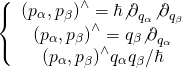 \[\left\{ {\begin{array}{*{20}{c}}{{{\left( {{p_\alpha },{p_\beta }} \right)}^ \wedge } = \hbar {{\not \partial }_{{q_\alpha }}}{{\not \partial }_{{q_\beta }}}}\\{{{\left( {{p_\alpha },{p_\beta }} \right)}^ \wedge } = {q_\beta }{{\not \partial }_{{q_\alpha }}}}\\{{{\left( {{p_\alpha },{p_\beta }} \right)}^ \wedge }{q_\alpha }{q_\beta }/\hbar }\end{array}} \right.\]
