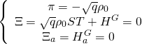 \[\left\{ {\begin{array}{*{20}{c}}{\pi = - \sqrt q {\rho _0}}\\{\Xi = \sqrt q {\rho _0}ST + {H^G} = 0}\\{{\Xi _a} = H_a^G = 0}\end{array}} \right.\]