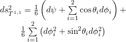 \[\begin{array}{c}ds_{{T^{1,1}}}^2 = \frac{1}{6}\left( {d\psi + \sum\limits_{i = 1}^2 {\cos {\theta _i}d{\phi _i}} } \right) + \\\frac{1}{6}\sum\limits_{i = 1}^2 {\left( {d\phi _i^2 + {{\sin }^2}{\theta _i}d\phi _i^2} \right)} \end{array}\]