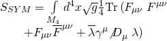 \[\begin{array}{c}{S_{SYM}} = \int\limits_{{M_4}} {{d^4}} x\sqrt g \frac{1}{4}{\rm{Tr}}\left( {{F_{\mu \nu }}} \right.{F^{\mu \nu }}\\ + {F_{\mu \nu }}{\overline F ^{\mu \nu }} + \overline \lambda {\gamma ^\mu }{{\not D}_\mu }\left. \lambda \right)\end{array}\]