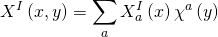 \displaystyle {{X}^{I}}\left( {x,y} \right)=\sum\limits_{a}{{X_{a}^{I}}}\left( x \right){{\chi }^{a}}\left( y \right)