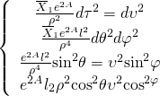 \[\left\{ {\begin{array}{*{20}{c}}{\frac{{{{\overline X }_1}{e^{2A}}}}{{{\rho ^2}}}d{\tau ^2} = d{\upsilon ^2}}\\{\frac{{{{\overline X }_1}{e^{2A}}{l^2}}}{{{\rho ^4}}}d{\theta ^2}d{\varphi ^2}}\\{\frac{{{e^{2A}}{l^2}}}{{{\rho ^4}}}{{\sin }^2}\theta = {\upsilon ^2}{{\sin }^2}\varphi }\\{{e^{2A}}{l_2}{\rho ^2}{{\cos }^2}\theta {\upsilon ^2}{{\cos }^{2\varphi }}}\end{array}} \right.\]
