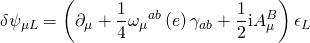 \displaystyle \delta {{\psi }_{{\mu L}}}=\left( {{{\partial }_{\mu }}+\frac{1}{4}{{\omega }_{\mu }}^{{ab}}\left( e \right){{\gamma }_{{ab}}}+\frac{1}{2}\text{i}A_{\mu }^{B}} \right){{\epsilon }_{L}}