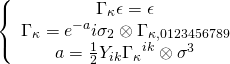 \displaystyle \left\{ {\begin{array}{*{20}{c}} {{{\Gamma }_{\kappa }}\epsilon =\epsilon } \\ {{{\Gamma }_{\kappa }}={{e}^{{-a}}}i{{\sigma }_{2}}\otimes {{\Gamma }_{{\kappa ,0123456789}}}} \\ {a=\frac{1}{2}{{Y}_{{ik}}}{{\Gamma }_{\kappa }}^{{ik}}\otimes {{\sigma }^{3}}} \end{array}} \right.