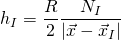 \displaystyle {{h}_{I}}=\frac{R}{2}\frac{{{{N}_{I}}}}{{\left| {\vec{x}-{{{\vec{x}}}_{I}}} \right|}}