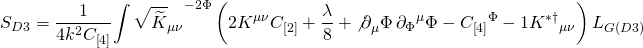 \[{S_{D3}} = \frac{1}{{4{k^2}{C_{\left[ 4 \right]}}}}{\int {\sqrt {\widetilde K} } _{\mu \nu }}^{ - 2\Phi }\left( {2{K^{\mu \nu }}{C_{\left[ 2 \right]}} + \frac{\lambda }{8} + {{\not \partial }_\mu }\Phi \,{\partial _\Phi }^\mu \Phi - {C_{\left[ 4 \right]}}^\Phi - 1{K^{ * \dagger }}_{\mu \nu }} \right){L_{G(D3)}}\]