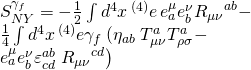 \[\begin{array}{l}S_{NY}^{{\gamma _f}} = - \frac{1}{2}\int {{d^4}} x{\,^{(4)}}e\,e_a^\mu e_b^\nu {R_{\mu \nu }}^{ab} - \\\frac{1}{4}\int {{d^4}} x{\,^{(4)}}e{\gamma _f}\left( {{\eta _{ab}}} \right.T_{\mu \nu }^aT_{\rho \sigma }^a - \\e_a^\mu e_b^\nu \varepsilon _{cd}^{ab}\left. {{R_{\mu \nu }}^{cd}} \right)\end{array}\]