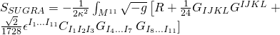 \displaystyle \begin{array}{l}{{S}_{{SUGRA}}}=-\frac{1}{{2{{\kappa }^{2}}}}\int_{{{{M}^{{11}}}}}{{\sqrt{{-g}}}}\left[ {R+\frac{1}{{24}}{{G}_{{IJKL}}}{{G}^{{IJKL}}}} \right.+\\\frac{{\sqrt{2}}}{{1728}}{{\epsilon }^{{{{I}_{1}}...{{I}_{{11}}}}}}{{C}_{{{{I}_{1}}{{I}_{2}}{{I}_{3}}}}}{{G}_{{{{I}_{4}}...{{I}_{7}}}}}\left. {{{G}_{{{{I}_{8}}...{{I}_{{11}}}}}}} \right]\end{array}