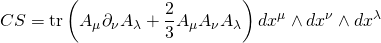 \displaystyle CS=\text{tr}\left( {{{A}_{\mu }}{{\partial }_{\nu }}{{A}_{\lambda }}+\frac{2}{3}{{A}_{\mu }}{{A}_{\nu }}{{A}_{\lambda }}} \right)d{{x}^{\mu }}\wedge d{{x}^{\nu }}\wedge d{{x}^{\lambda }}