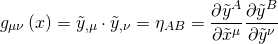 \[{g_{\mu \nu }}\left( x \right) = {\tilde y_{,\mu }} \cdot {\tilde y_{,\nu }} = {\eta _{AB}} = \frac{{\partial {{\tilde y}^A}}}{{\partial {{\tilde x}^\mu }}}\frac{{\partial {{\tilde y}^B}}}{{\partial {{\tilde y}^\nu }}}\]