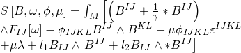 \[\begin{array}{l}S\left[ {B,\omega ,\phi ,\mu } \right] = \int_M {\left[ {\left( {{B^{IJ}} + \frac{1}{\gamma } * {B^{IJ}}} \right)} \right.} \\ \wedge {F_{IJ}}[\omega ] - {\phi _{IJKL}}{B^{IJ}} \wedge {B^{KL}} - \mu {\phi _{IJKL}}{\varepsilon ^{IJKL}}\\ + \mu \lambda + {l_1}{B_{IJ}} \wedge \left. {{B^{IJ}} + {l_2}{B_{IJ}} \wedge * {B^{IJ}}} \right]\end{array}\]