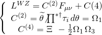 \[\left\{ {\begin{array}{*{20}{c}}{{L^{WZ}} = {C^{(2)}}{F_{\mu \nu }} + C(4)}\\{{C^{(2)}} = \widetilde \theta {{\not \prod }^{ * \dagger }}{\tau _i}\,d\theta = {\Omega _1}}\\{{C^{(4)}} = \Xi \,\; - \frac{1}{2}{\Omega _1}\,{\Omega _3}}\end{array}} \right.\]