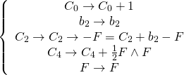 \[\left\{ {\begin{array}{*{20}{c}}{{C_0} \to {C_0} + 1}\\{{b_2} \to {b_2}}\\{{C_2} \to {C_2} \to - F = {C_2} + {b_2} - F}\\{{C_4} \to {C_4} + \frac{1}{2}F \wedge F}\\{F \to F}\end{array}} \right.\]