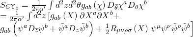 \[\begin{array}{l}{S_{C{\Upsilon _3}}} = \frac{1}{{2\pi \alpha '}}\int {{d^2}} z{d^2}\theta {g_{ab}}\left( \chi \right){D_{\bar \theta }}{\chi ^a}{D_\theta }{\chi ^b}\\ = \frac{1}{{2\pi \alpha '}}\int {{d^2}} z\left[ {{g_{ab}}\left( X \right)} \right.\partial {X^a}\bar \partial {X^b} + \\{g_{ab}}\left( {{\psi ^a}{D_{\bar z}}{\psi ^b} + {{\tilde \psi }^a}{D_z}{{\tilde \psi }^b}} \right) + \frac{1}{2}{R_{\mu \nu \rho \sigma }}\left( X \right)\left. {{\psi ^\mu }{\psi ^\nu }{{\tilde \psi }^\rho }{{\tilde \psi }^b}} \right]\end{array}\]